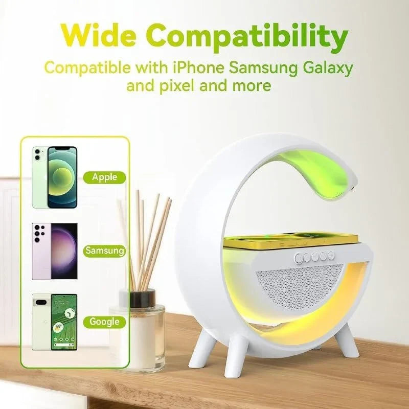 Wireless G Speaker with Wireless Charging, Desk Lamp Bedside Night Light, Smart Light, Sound Machine, and Bedroom Home Decor